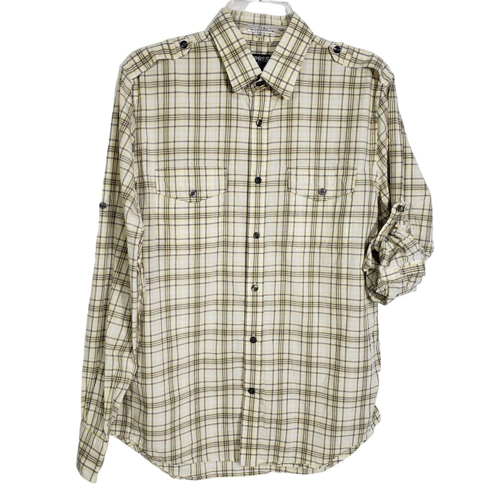 Express Mens Shirt Size Medium 15-15.5 Fitted Yellow Plaid Button Front Pockets
